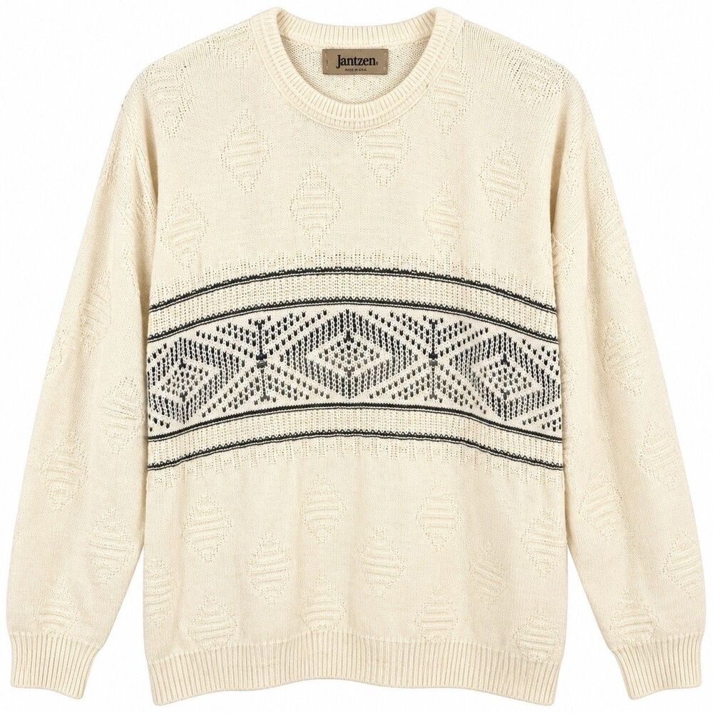 Vintage 90s Jantzen Sweater Men Large Cream Geometric Knit Crewneck Made USA